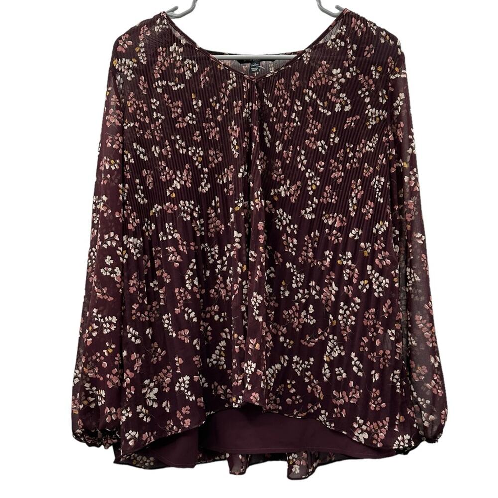41 Hawthorn Burgundy Pink & White Floral Long Sleeve Accordion Pleated Top Sz SP